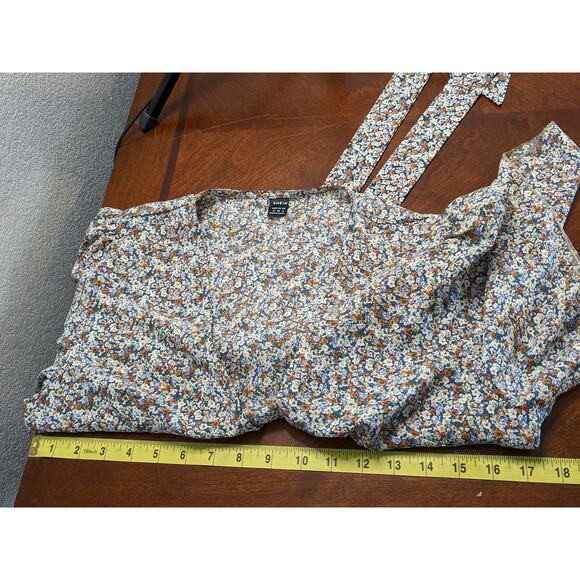 Shein Crop Top Medium Blue Orange Floral Tie Front Deep V Neck Flutter Sleeves - Picture 6 of 9